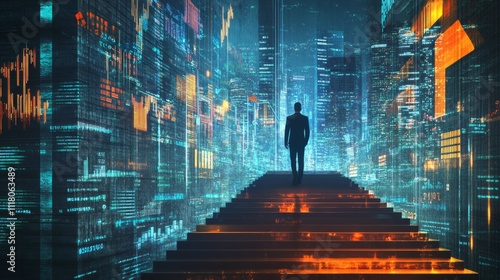 A businessman walks up glowing stairs towards a futuristic city skyline filled with data and financial charts.