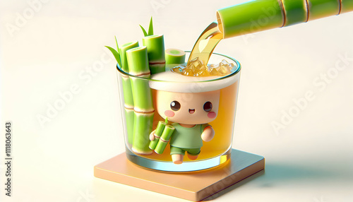 3D Macro image of sugarcane juice being poured into a glass with copy space to the left. concept as A close up shot capturing the moment fresh sugarcane juice is poured into a glass symbolizing refres photo