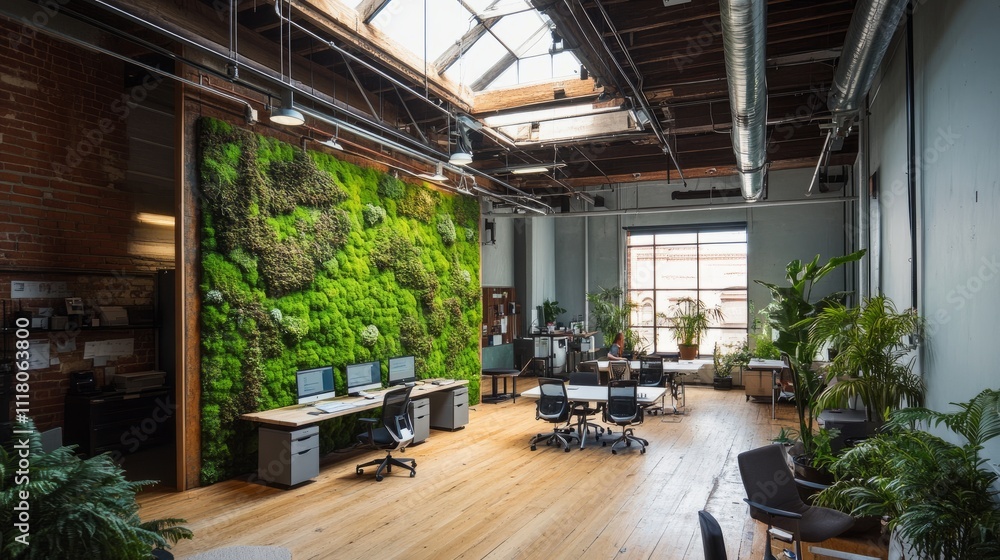 Environmentally friendly coworking office with ergonomic chairs, a moss-covered feature wall, and skylights flooding the space with daylight Environmentally friendly coworking office with ergonomic chairs, a moss-covered feature wall, and skylights flooding the space with daylight