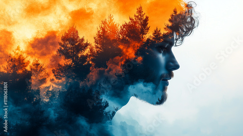 Inner Fire: A captivating double exposure portrait depicting a man's profile merging with a fiery forest, symbolizing inner strength, resilience, and a connection to nature. 