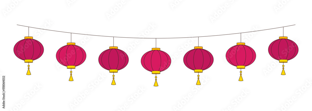 Paper lanterns hanging on string 2D cartoon object. Lunar new year decoration. Lantern festival. Chinese ornaments isolated element flat vector clipart on white background. Spot illustration Paper lanterns hanging on string 2D cartoon object. Lunar new year decoration. Lantern festival. Chinese ornaments isolated element flat vector clipart on white background. Spot illustration