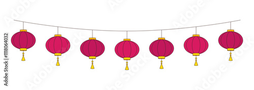 Paper lanterns hanging on string 2D cartoon object. Lunar new year decoration. Lantern festival. Chinese ornaments isolated element flat vector clipart on white background. Spot illustration