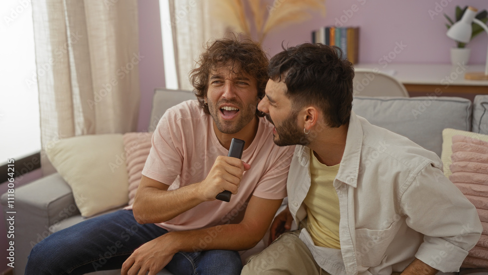 Two men singing together in a living room, enjoying a fun bonding moment as friends or family in a cozy indoor setting. Two men singing together in a living room, enjoying a fun bonding moment as friends or family in a cozy indoor setting.