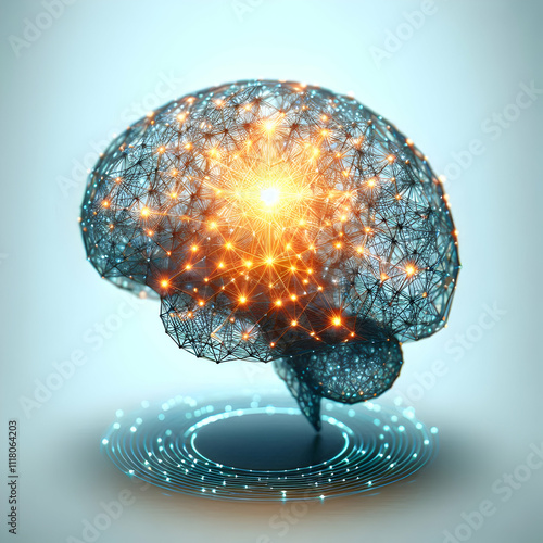 3D Macro of a glowing neural network pattern symbolizing intellectual epiphany and insight with copy space concept as Detailed macro of a glowing neural network pattern representing intellectual epiph photo