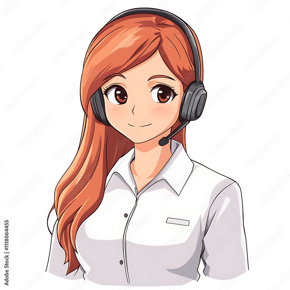 Anime-style receptionist with a headset on a white background Anime-style receptionist with a headset on a white background
