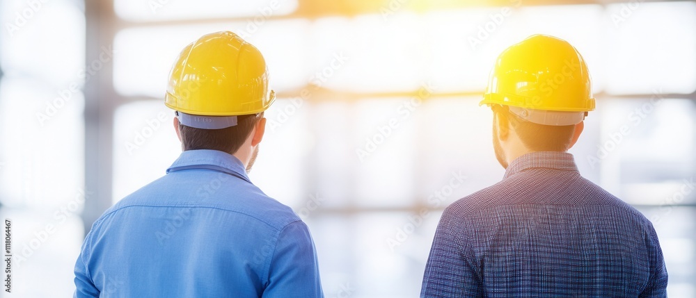 Two workers in hard hats observing a construction site. Two workers in hard hats observing a construction site.