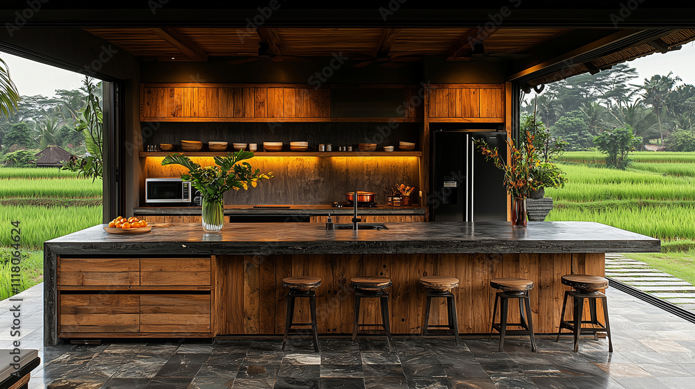 Island Kitchen Oasis: Modern Balinese kitchen design with rich wood cabinetry, a concrete countertop island, and stunning rice paddy views. Island Kitchen Oasis: Modern Balinese kitchen design with rich wood cabinetry, a concrete countertop island, and stunning rice paddy views.