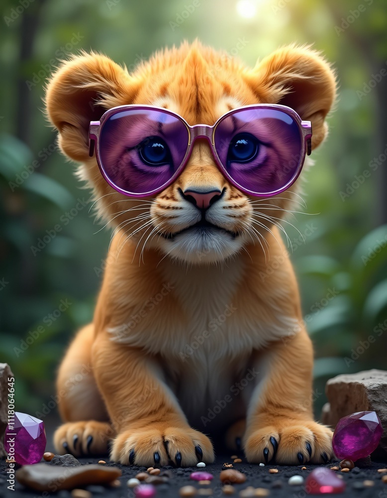 a real genuine lion cub wearing sunglasses in the middle of the rainforest with sunlight hitting it and small stones of gold, ruby, silver, agate, red, blue, purple, purple, yellow, white, green color a real genuine lion cub wearing sunglasses in the middle of the rainforest with sunlight hitting it and small stones of gold, ruby, silver, agate, red, blue, purple, purple, yellow, white, green color