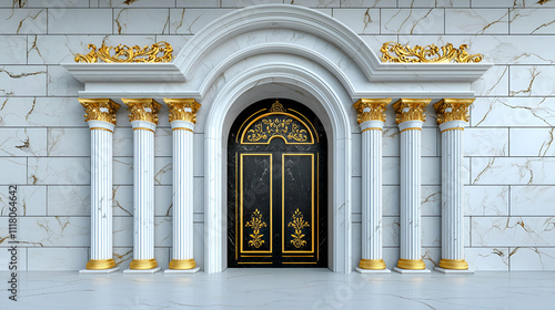 A grand, ornate entrance featuring golden accents, marble columns, and an elegant double door, exuding luxury and sophistication. photo