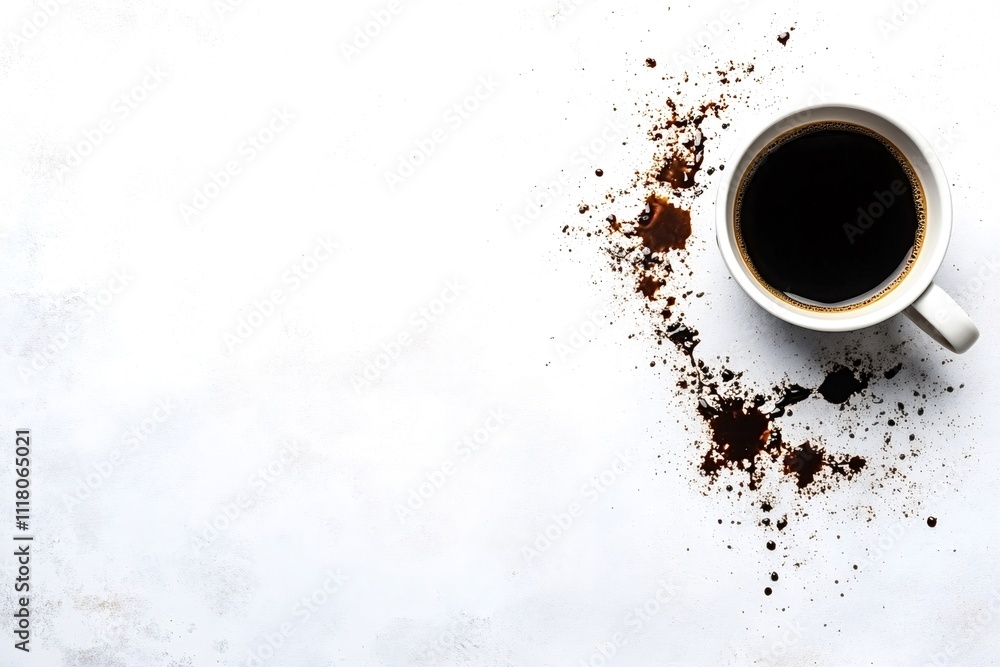 Obraz premium White coffee mug brimming with rich black coffee rests on a clean white surface, surrounded by scattered coffee grounds, forming an artistic and chaotic display with copy space
