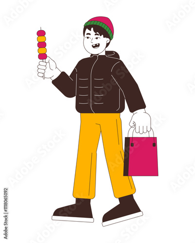 Winter outerwear japanese boy with dango on stick 2D cartoon character. Winterwear asian kid enjoying sweet rice dessert isolated person flat vector on white background. Spot illustration colorful