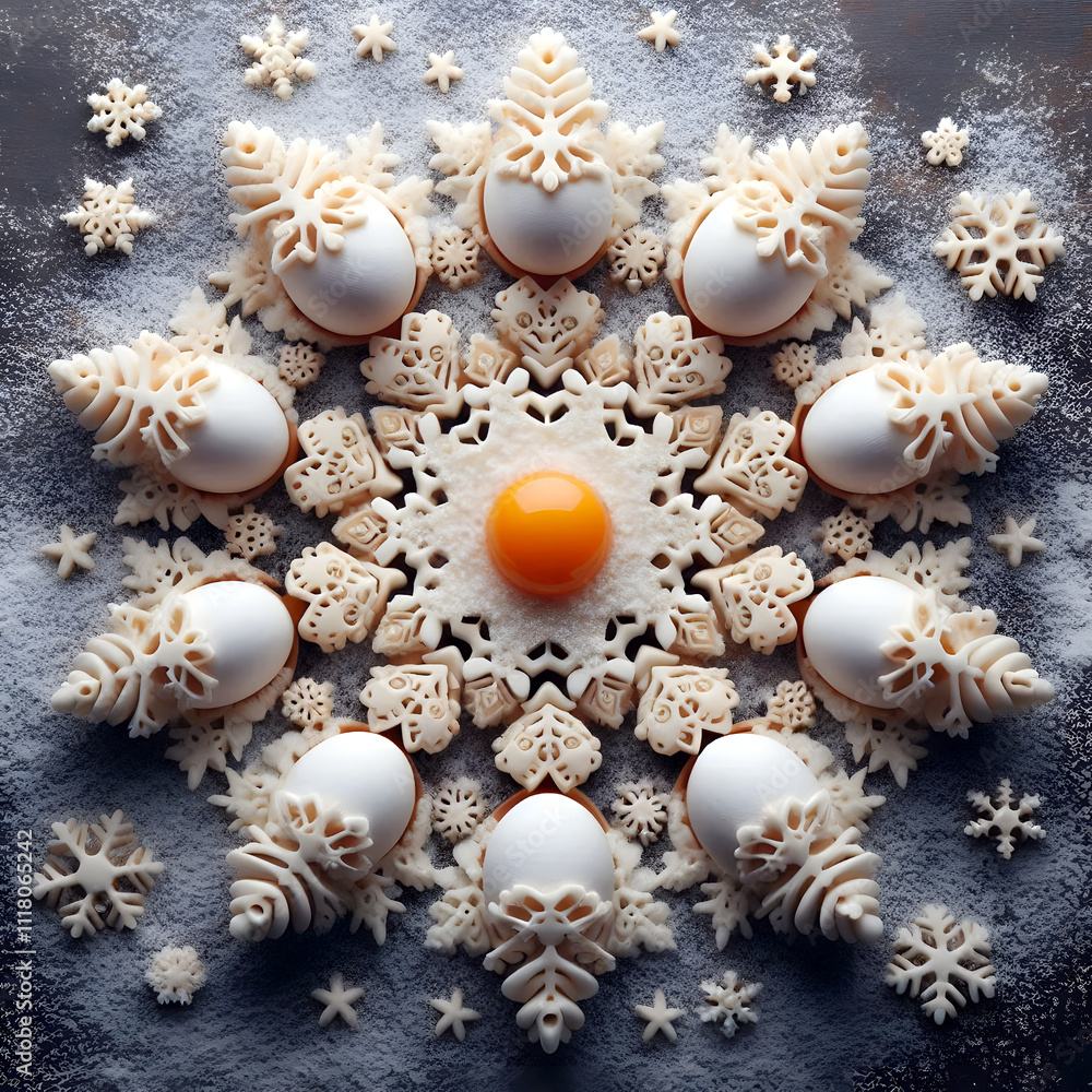 Eier, Teig und Zutaten in geometrischer Anordnung. Plätzchen, Kuchen, Eierspeisen, Eier, Teig und Zutaten in geometrischer Anordnung. Plätzchen, Kuchen, Eierspeisen,