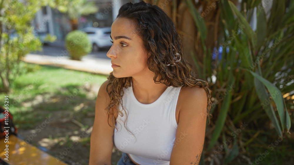Young woman sitting outdoors in an urban park with brunette hair, showcasing a thoughtful expression and wearing a white tank top under the midday sun Young woman sitting outdoors in an urban park with brunette hair, showcasing a thoughtful expression and wearing a white tank top under the midday sun