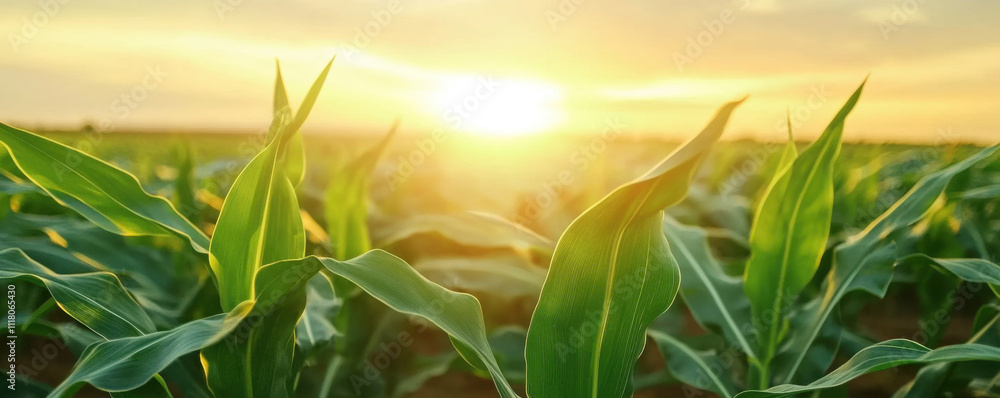 Obraz premium Sunset over cultivated farmland with rows of green seedlings, symbolizing agriculture, progress, and sustainable growth