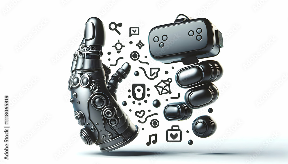 3D Macro shot of a human hand with virtual reality gloves and copy space concept as A close up image of a human hand wearing virtual reality gloves illustrating immersive technology and tactile intera 3D Macro shot of a human hand with virtual reality gloves and copy space concept as A close up image of a human hand wearing virtual reality gloves illustrating immersive technology and tactile intera
