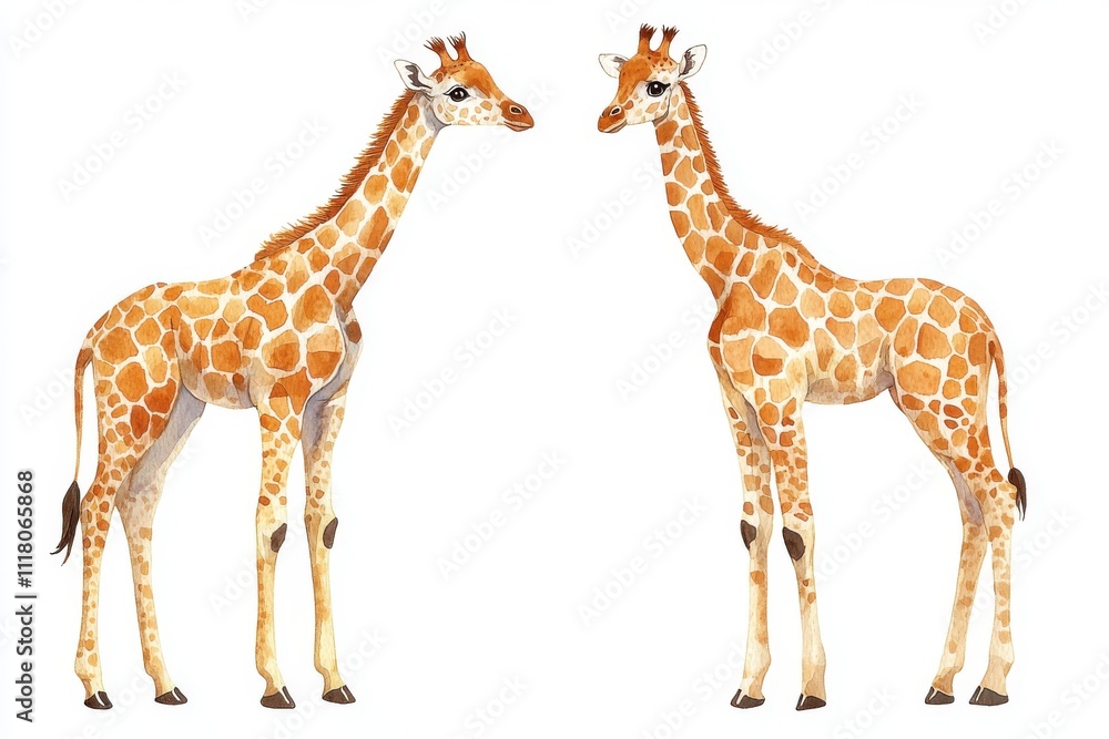 Obraz premium Two illustrated giraffes standing side by side, showcasing their unique patterns.