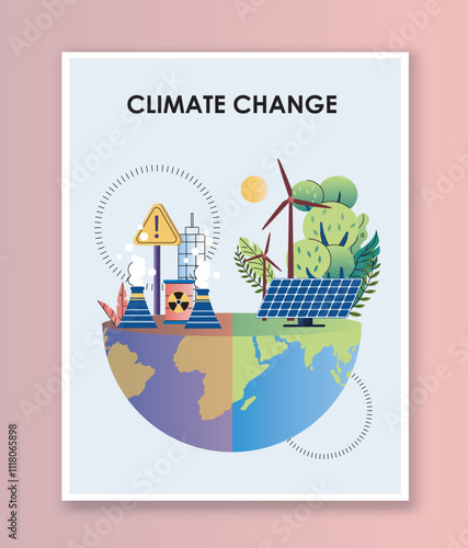 Climate change poster. Planet with dirty production and clean energy, electricity. Caring for nature, ecology and environment. Cover or banner. Flat vector illustration