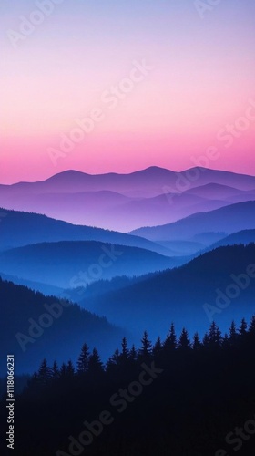 Serene mountain landscape at sunset with layered hills and vibrant colors.