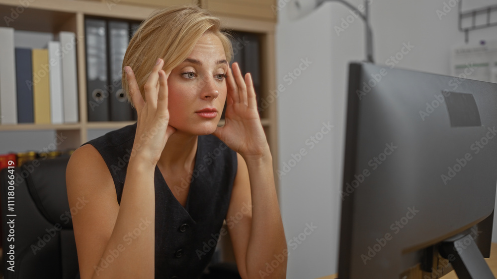 Young woman with blonde short hair working in an office looking stressed and frustrated at her computer screen in an organized workplace with shelves in the background Young woman with blonde short hair working in an office looking stressed and frustrated at her computer screen in an organized workplace with shelves in the background