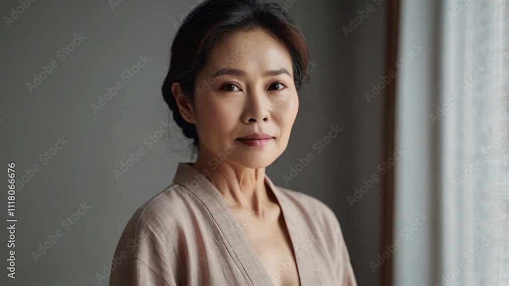 Beauty concept of middle aged Asian woman with natural color clothes. Skin care. Cosmetics.
Beauty concept of middle aged Asian woman with natural color clothes. Skin care. Cosmetics.