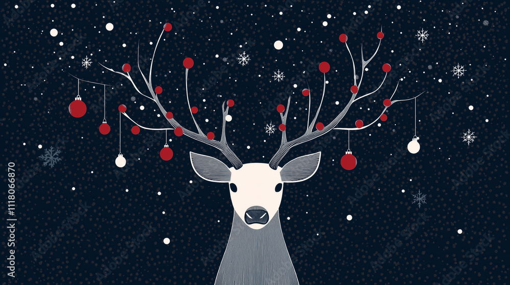 A reindeer silhouette with antlers decorated with small baubles, minimalist line-art design, greeting card, website banner A reindeer silhouette with antlers decorated with small baubles, minimalist line-art design, greeting card, website banner