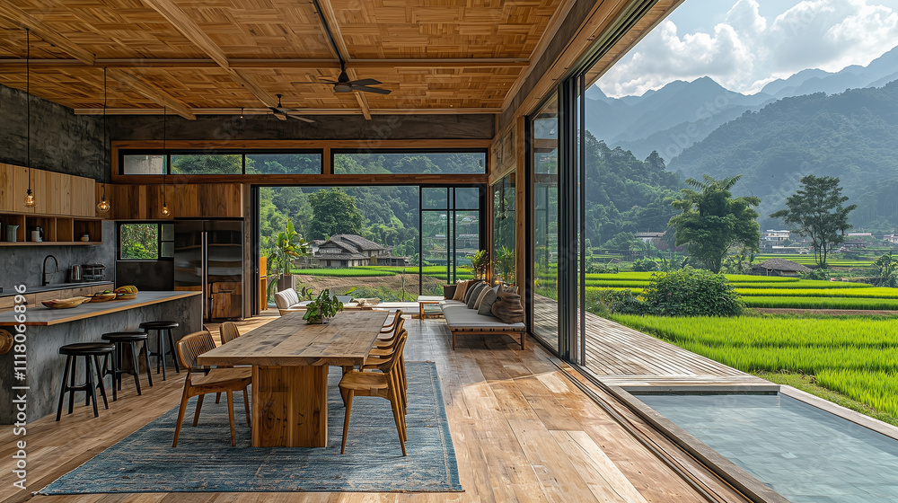 Fototapeta premium Mountain View Villa: Open-plan living space with stunning mountain and rice paddy views. Modern architecture meets rustic charm in this luxurious home.
