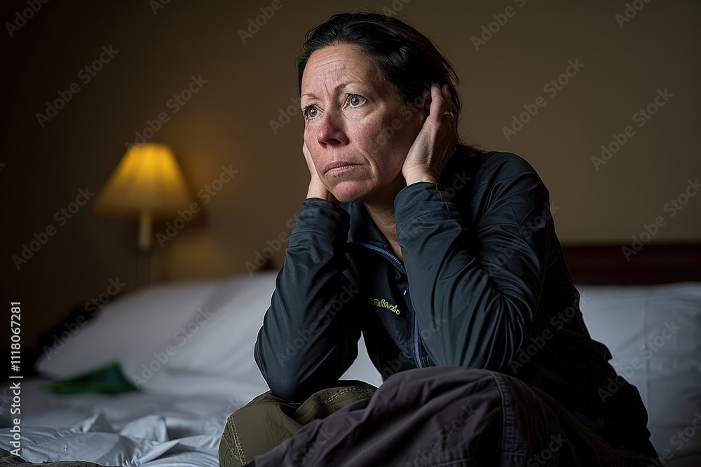 Fototapeta premium A woman is sitting on a bed with her head on her hand