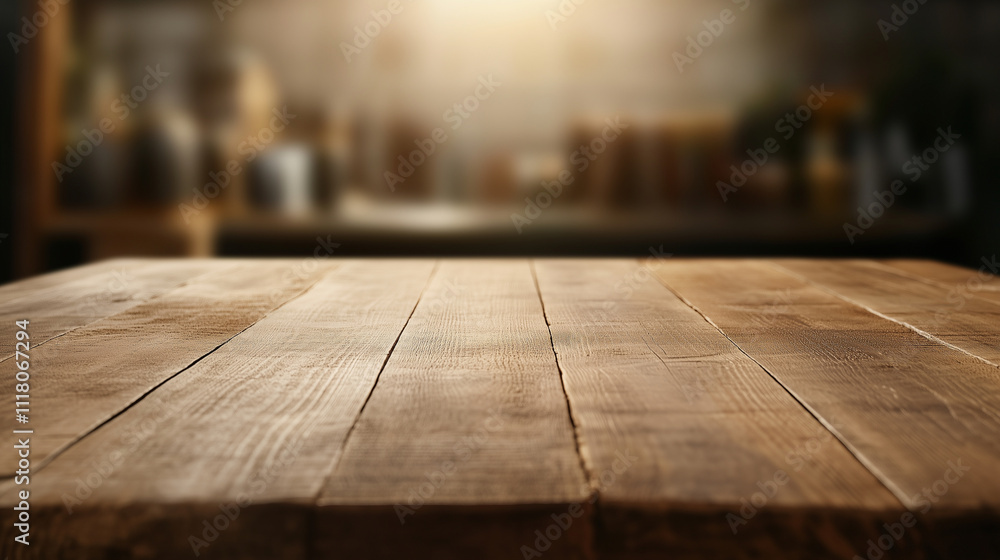 Crafting wooden table with blurred handmade tools and materials background for product presentation display Crafting wooden table with blurred handmade tools and materials background for product presentation display