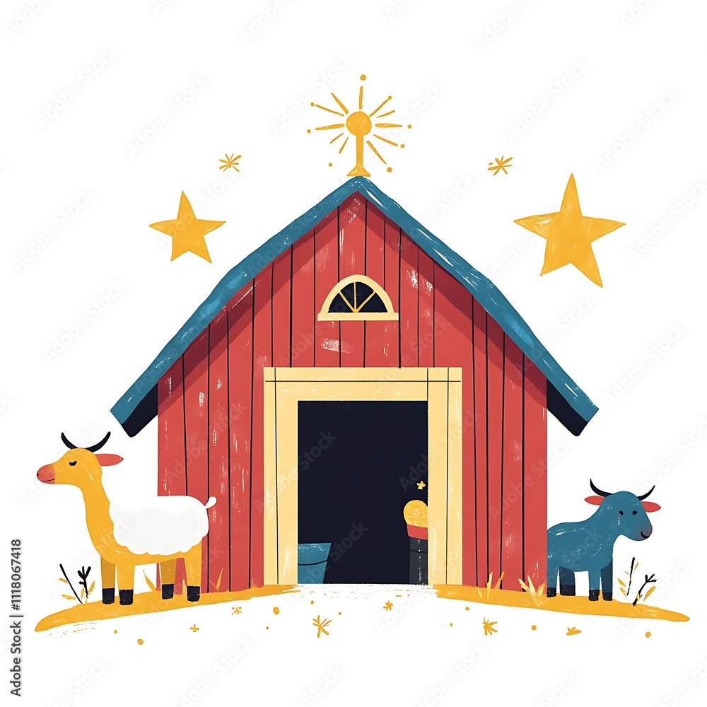 Naklejka premium Flat-Design Nativity Barn with vibrant tones on a white background.