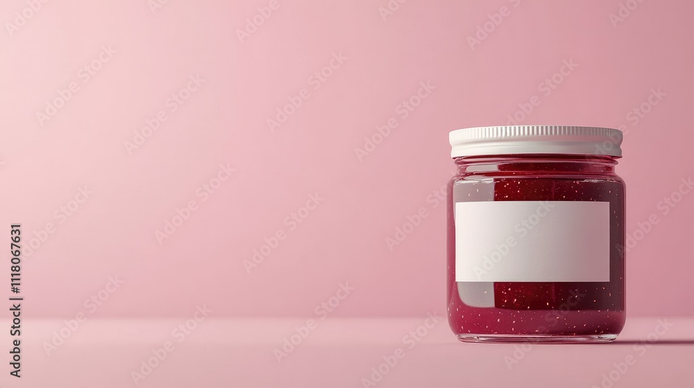 High-quality product shot of raspberry jam in a transparent jar with a plain white label, on pink backdrop High-quality product shot of raspberry jam in a transparent jar with a plain white label, on pink backdrop