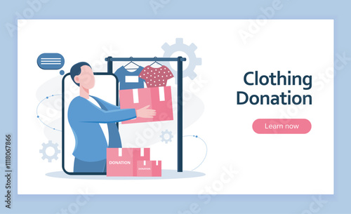 Clothing donation landing page. Man with cardboard box near clothes hangers. Charity, generosity and kindness. Charitable organization volunteer. Flat vector illustration