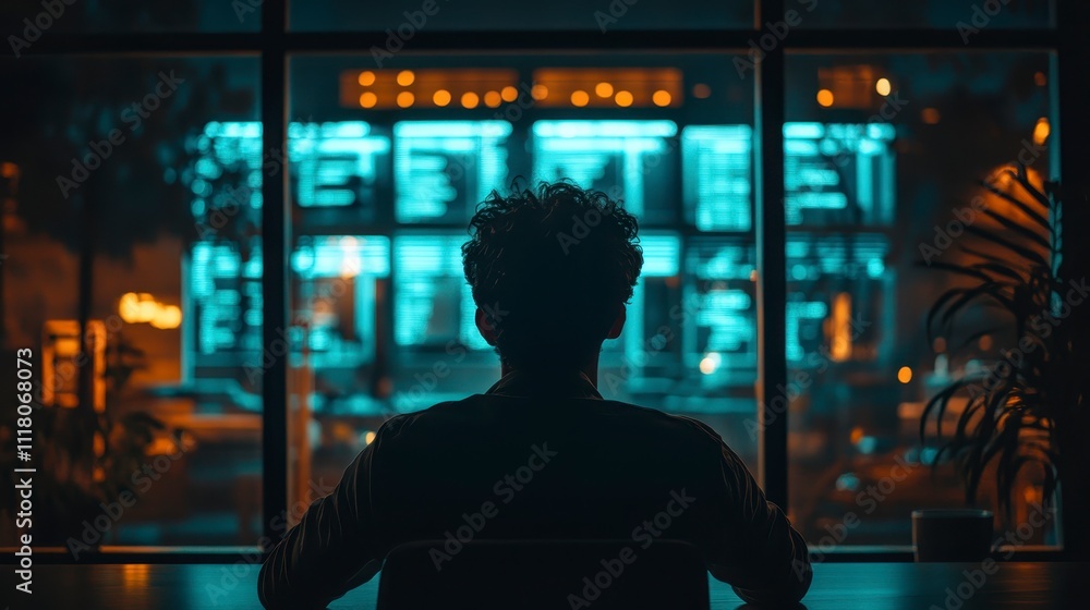 Night City Programmer Man Coding at Night Window Night City Programmer Man Coding at Night Window