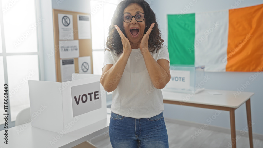 Woman celebrating in an electoral room indoors with irish flag and voting booths, reflecting excitement and participation in voting process Woman celebrating in an electoral room indoors with irish flag and voting booths, reflecting excitement and participation in voting process
