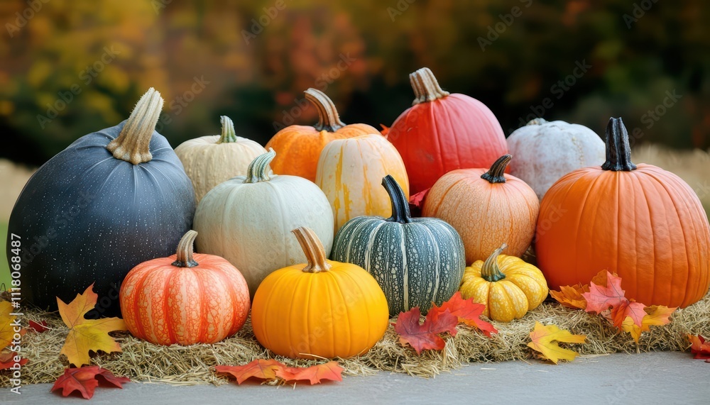 A colorful arrangement of pumpkins on hay with autumn leaves. A colorful arrangement of pumpkins on hay with autumn leaves.
