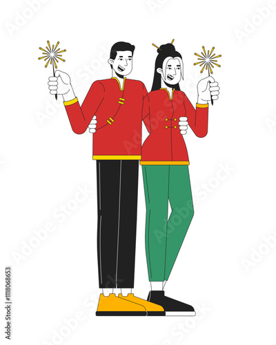 Young adults chinese couple in tang suits holding sparklers 2D cartoon characters. Asian girlfriend boyfriend celebrating isolated people flat vector on white background. Spot illustration colorful