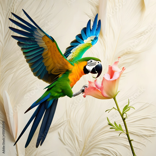 A vibrant exotic parrot with iridescent feath photo