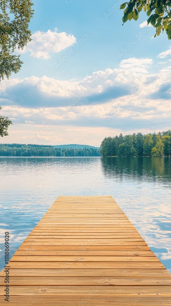 Naklejka premium A serene wooden dock extends into a calm lake, reflecting soft clouds and surrounded by lush greenery under a blue sky.