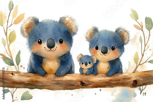 Three cute koalas sitting on a branch, surrounded by leaves, in a whimsical watercolor style. photo