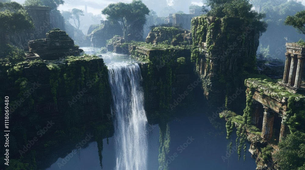 A serene waterfall cascading over ancient, moss-covered ruins. A serene waterfall cascading over ancient, moss-covered ruins.