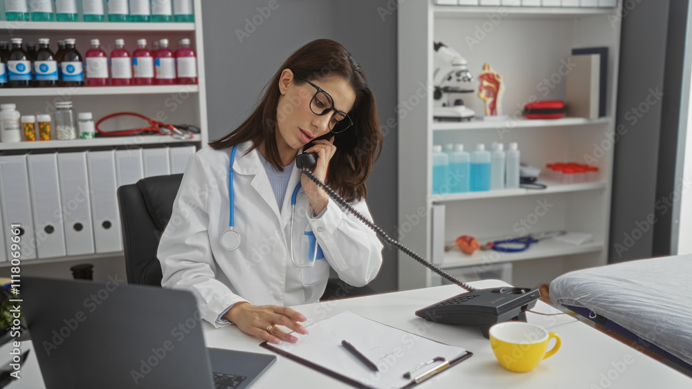 Woman doctor sitting in clinic wearing glasses and white coat talking on phone with medical equipment in background representing professional healthcare environment. Woman doctor sitting in clinic wearing glasses and white coat talking on phone with medical equipment in background representing professional healthcare environment.