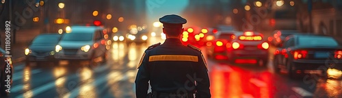 A police officer directing traffic at a busy intersection, keeping order photo