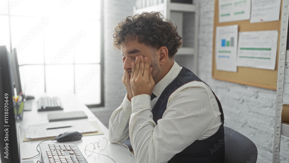 Tired hispanic man in office rubbing eyes sitting at desk wearing vest working indoors beside computer in modern workplace with documents on pinboard Tired hispanic man in office rubbing eyes sitting at desk wearing vest working indoors beside computer in modern workplace with documents on pinboard