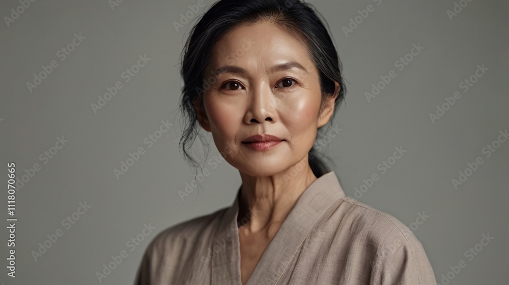 Beauty concept of middle aged Asian woman with natural color clothes. Skin care. Cosmetics.
Beauty concept of middle aged Asian woman with natural color clothes. Skin care. Cosmetics.
