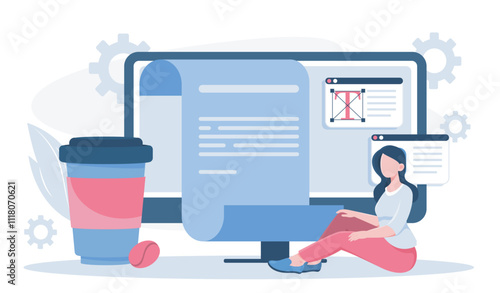 Content management online. Woman sitting near computer monitor. SMM specialist creates interesting content for social networks. Flat vector illustration