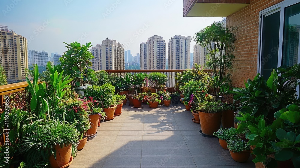 Fototapeta premium A rooftop garden with lush plants, bringing green to the concrete