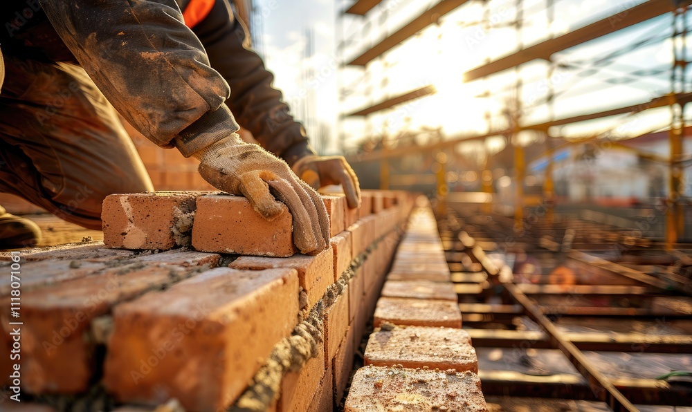 A bricklayer wearing gloves and a jacket carefully places bricks on a construction site, showcasing the meticulous detail and hard work involved in building structures