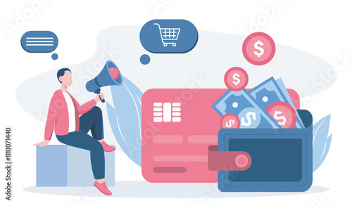 Man with credit card. Young guy with loudspeaker near bank card and wallet with banknotes and coins. Cashless transfers and transactions. Flat vector illustration