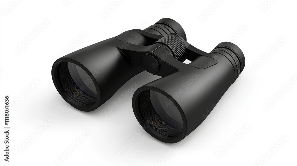 Single black binoculars with ergonomic design and glossy lenses, centered on white background Single black binoculars with ergonomic design and glossy lenses, centered on white background