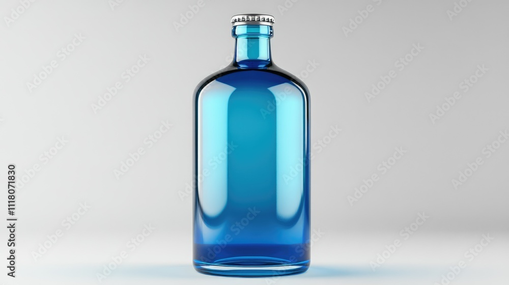Single glossy blue beer bottle featuring a blank label for branding, isolated on grey Single glossy blue beer bottle featuring a blank label for branding, isolated on grey
