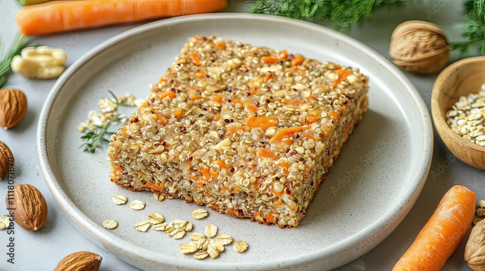 A square slice of carrot and oat dessert on a plate, surrounded by nuts and carrots. A square slice of carrot and oat dessert on a plate, surrounded by nuts and carrots.